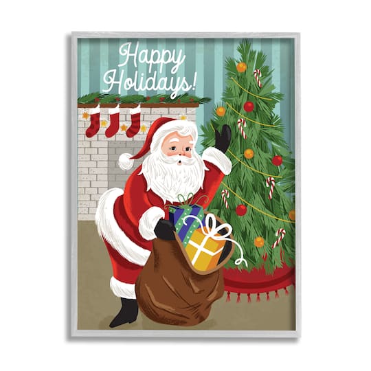 Stupell Industries Happy Holidays Santa Gift Bag Framed Giclee Art